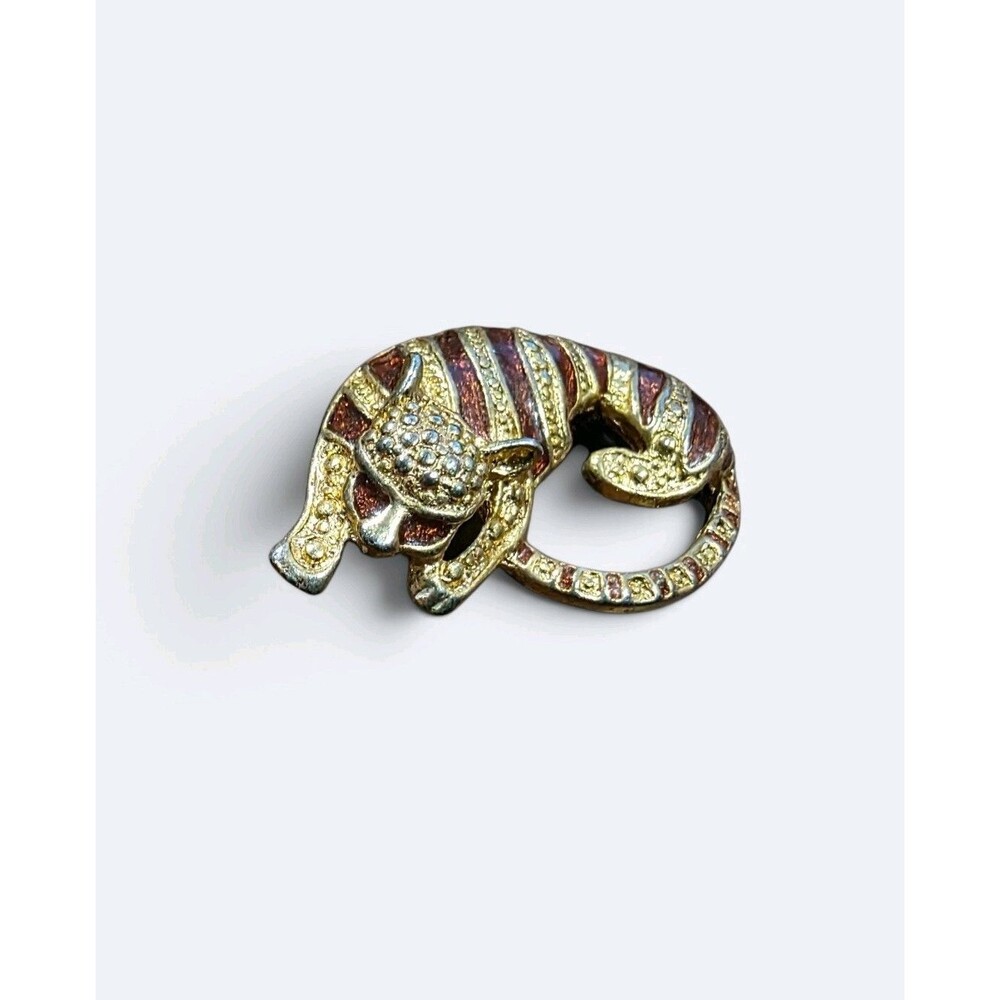 Vintage Gold Tone Tiger Brooch Pin Enamel Big Cat Figural Jewelry